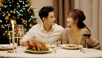 Obraz na płótnie Canvas Christmas date between a woman and a man enjoying Christmas dinner