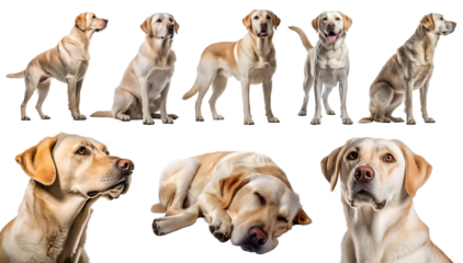 Labrador Retriever dog puppy, many angles and view portrait side back head shot isolated on transparent background cutout, PNG file