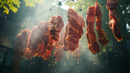 assorted raw meat on metal hooks