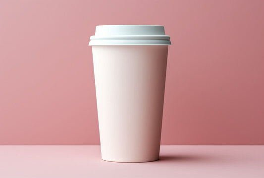 mock up Blank white coffee cup with white lid, pastel color background. AI generated Images