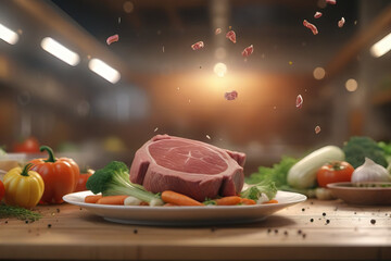 Plate of beef commercial shoot in wooden tabletop, kitchen Background