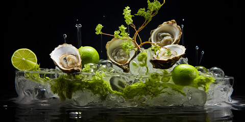 oysters with lime on ice bed isolated on dark background