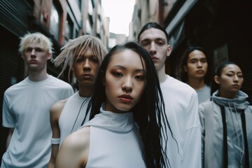 Fototapeta premium A group of young individuals stands confidently in an alley, exuding a modern stoic vibe in monochrome outfits, united in diversity