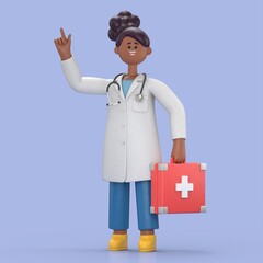 3D illustration of Female Doctor Juliet holds red case first aid kit.Medical presentation clip art isolated on blue background.
