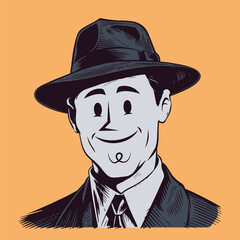 retro cartoon illustration of a happy man wearing hat with sketchy simple face
