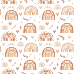 Rainbow seamless pattern in boho style with neutral brown and pink rainbow, sun, heart background elements. Boho nursery decor.