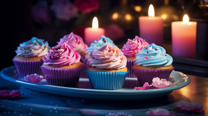 birthday cupcakes with candles, platter of decorative cup cakes, birthday dessert