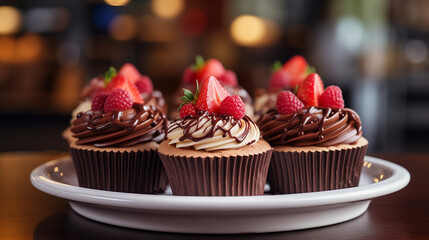 platter of chocolate cupcake with frosting, raspberries, strawberries, cafe bakery setting