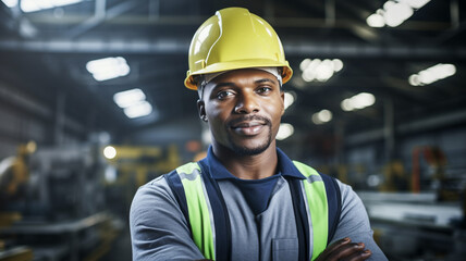 African American male industrial engineer wearing a yellow helmet while standing in a heavy industrial factory. Various metal parts of the project.
