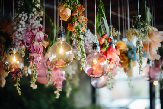 The close up detail of hanging light bulbs decorated with fresh flowers in an indoor or outdoor wedding ceremony on blurry background with bokeh lights. Generative AI.