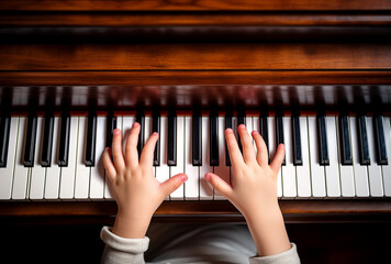 little boy's hands learning to play the piano. Top view. AI Generated Images