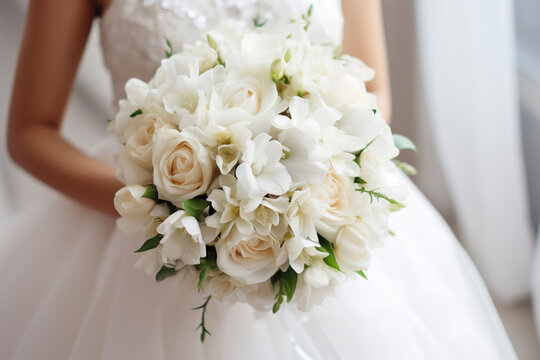 The close up detail of wedding bouquet made by white flowers, lily or rose and others, held bride’s hands in a wedding ceremony. Generative AI.