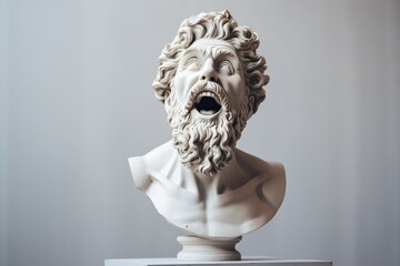 Stoicism mature man head statue with funny screaming emotion. Bright minimal studio setup, front view
