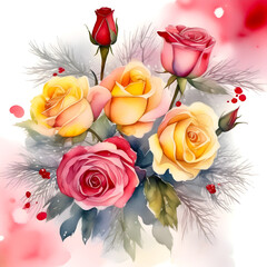 Bouquet of red flowers on a white background, Create a delightful watercolor winter scene featuring a winter bouquet.