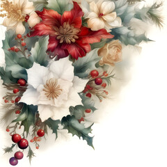 Bouquet of red flowers on a white background, Create a delightful watercolor winter scene featuring a winter bouquet.