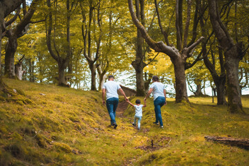 Obraz premium Happy family walking along a beauty forest