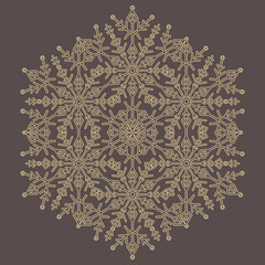 Round vector snowflake. Abstract winter hexagonal brown and golden ornament. Pattern with snowflake