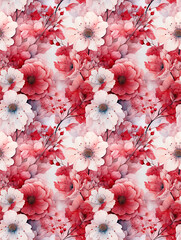 fabric pattern summer flowers red and white, watercolor illustration, seamless border pattern for textile industry to print wallpaper, pillow, bed linen, blankets, napkins, carpets, paper, tissue