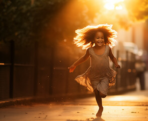 Happy little girl running at sunset - obrazy, fototapety, plakaty