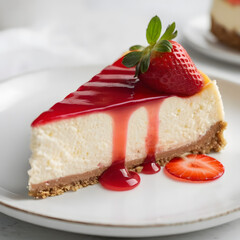 Sliced Gourmet Cheesecake with Fresh Strawberry Topping on Elegant White Plate, Perfect for Dessert Menu or Bakery Promotion, High-Quality Culinary Presentation