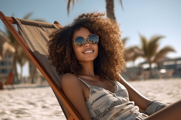 The portrait of a smiling young woman with an afro hairstyle and sunglasses is lying on a beach chair to sunbathe on a summer vacation day. Generative AI.