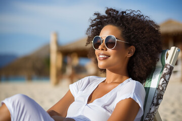 The portrait of a smiling young woman with an afro hairstyle and sunglasses is lying on a beach chair to sunbathe on a summer vacation day. Generative AI. - obrazy, fototapety, plakaty