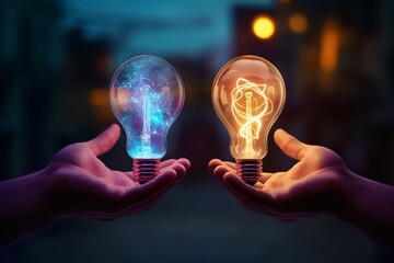 two hands holding light bulbs, one glowing and one not, is a powerful metaphor for the power of knowledge and enlightenment. The glowing light bulb represents knowledge and understanding - obrazy, fototapety, plakaty