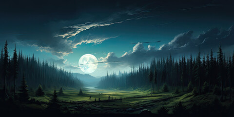 Moon light dark moody landscape background blue green colors, night time scene backdrop, generated ai