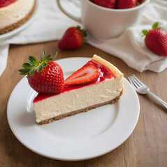 Sliced Gourmet Cheesecake with Fresh Strawberry Topping on Elegant White Plate, Perfect for Dessert Menu or Bakery Promotion, High-Quality Culinary Presentation