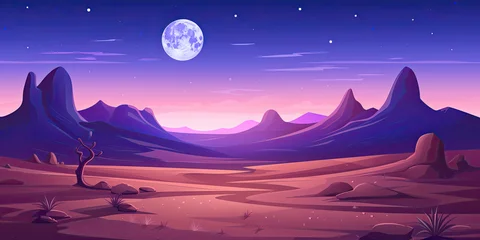 Zelfklevend Fotobehang Anime cartoon style moon light desert baron landscape background scene empty space night time deserts, generated ai © dan