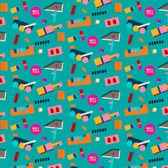 Vector seamless pattern with multicolor geometric shapes on a deep green background. retro abstract art print, fashion 80s-90. Memphis style design.