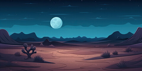 Anime cartoon style moon light desert baron landscape background scene empty space night time deserts, generated ai