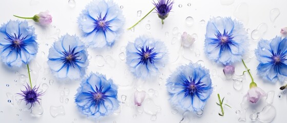 White banner with cornflowers and water drops on - obrazy, fototapety, plakaty