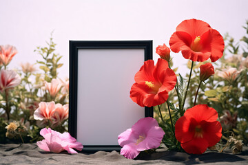 The photo frame is equipped with pink flowers