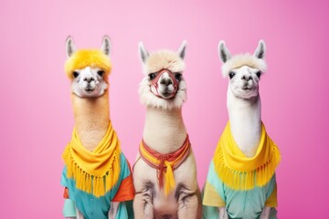 Llamas in colored clothes on a pink background