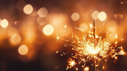 The sparkler burns brightly with brilliant sparks and bokeh on a festive background
