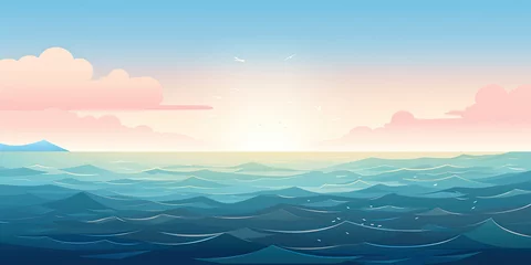 Poster Cartoon anime style ocean sea graphic resource illustration calm waters blue skies background, generated ai © dan