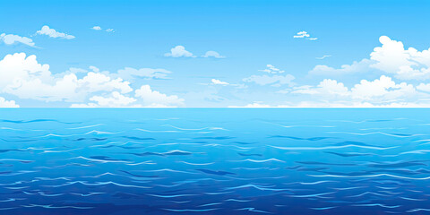 Cartoon anime style ocean sea graphic resource illustration calm waters blue skies background, generated ai