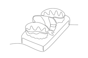 One continuous line drawing of fresh delicious Three pieces of Sushi. Fast food Japan noodle cafe shop logotype template concept. Modern single line draw design vector illustration
