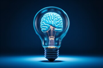 A lightbulb with a glowing brain inside, set against a vibrant blue background, is a powerful symbol of creativity, innovation, and the future of ideas.