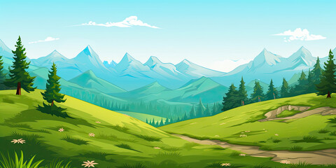 Beautiful scenic cartoon style landscape rolling hills mountains illustration background backdrop, generated ai
