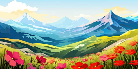 Foto op Canvas Beautiful fields mountains flowers background illustration flowery blooming vibrant landscape scene, generated ai © dan