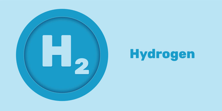 Hydrogen symbol in a blue circle on a blue background. Paper cut . Banner template for a website. Hydrogen energy. Н2. Green hydrogen logo. Clean energy. Vector illustration