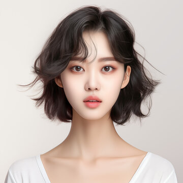 Portrait of beautiful Korean young woman with short hair on white background