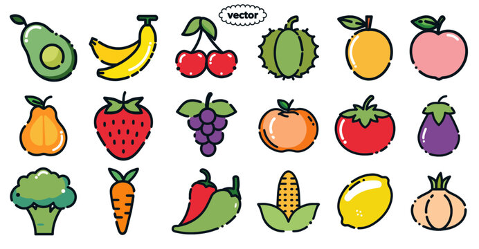 vegetables and fruits icon lineal doodle , cute fruit, banana, orange, tomato, grapes, corn, lemon, strawberry, durian, Cherry, carrots