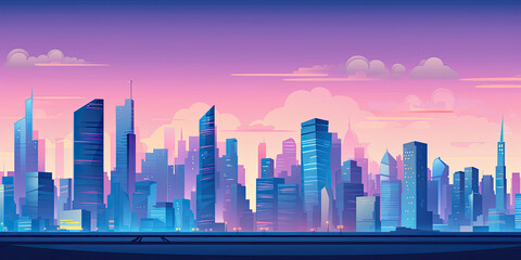 City skyline illustration wide panorama cityscape business background moon light urban scene, generated ai