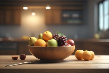 Fruit with bowl in wooden tabletop, kitchen Background