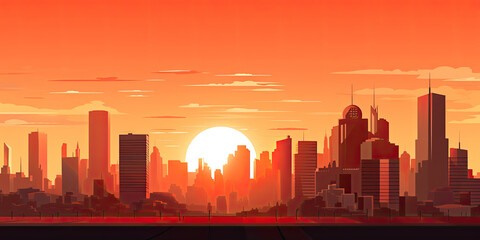 Obraz premium City skyline background illustration sunset gold hour light over cities urban skyscrapers backdrop, generated ai