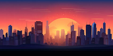 City skyline background illustration sunset gold hour light over cities urban skyscrapers backdrop, generated ai