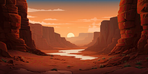 Canyon valley background illustration cartoon anime style wide desert canyons backdrop, generated ai